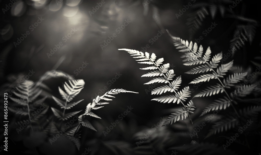 Poster ferns in black and white, a close-up of delicate fronds with intricate patterns, set against an abst