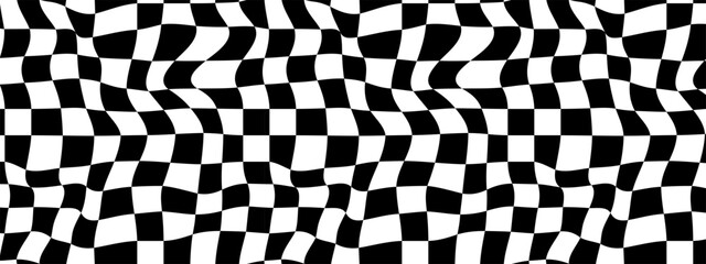 Pattern psychedelic checkerboard. Groovy retro wavy checkered texture. Psychedelic modern playful black and white background. Retro graphic y2k design. Twisted and distorted trendy vector illustration