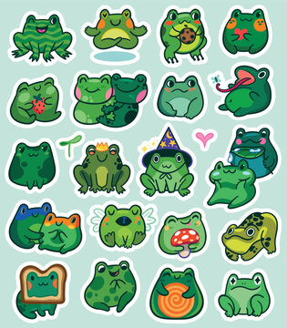 Sticker set with cute little frogs characters in kawaii style