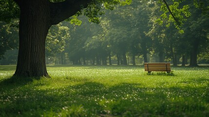 Naklejka premium The lone bench under a sprawling tree in the sunlit park invites quiet contemplation.