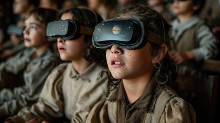 Fototapeta premium Children in a classroom setting, equipped with VR headsets, engaging in a virtual tour of the cosmos, surrounded by visuals of the solar system and distant stars