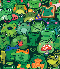 Seamless pattern with a lot of cute little frogs characters in kawaii style