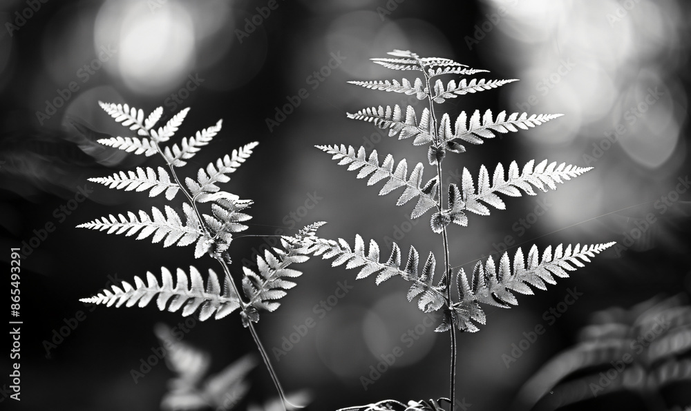 Poster ferns in black and white, a close-up of delicate fronds with intricate patterns, set against an abst