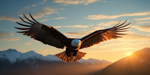 Naklejka premium AI Generated. AI Generative. Wild american eagle bird flying in the blue air sky at golden sunset nature outdoor landscape. Graphic Art