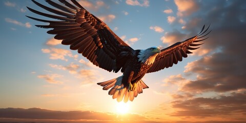 Obraz premium AI Generated. AI Generative. Wild american eagle bird flying in the blue air sky at golden sunset nature outdoor landscape. Graphic Art