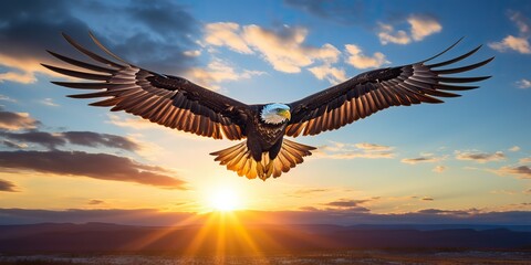 Naklejka premium AI Generated. AI Generative. Wild american eagle bird flying in the blue air sky at golden sunset nature outdoor landscape. Graphic Art