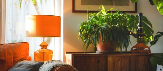 Plant and telescope resting on a wooden cabinet beside a couch in a cozy living room setting with an orange lamp
