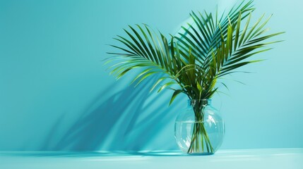 Obraz premium Chic contemporary palm leaves in glass vase on blue background in Scandinavian aesthetic Ideal present for various occasions with text space