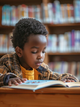 Portrait of a little boy reading a book at school library