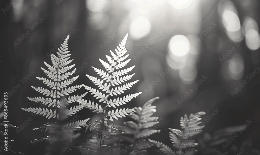 Poster ferns in black and white, a close-up of delicate fronds with intricate patterns, set against an abst