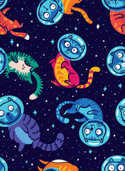 Colorful space cats. Vector pattern design