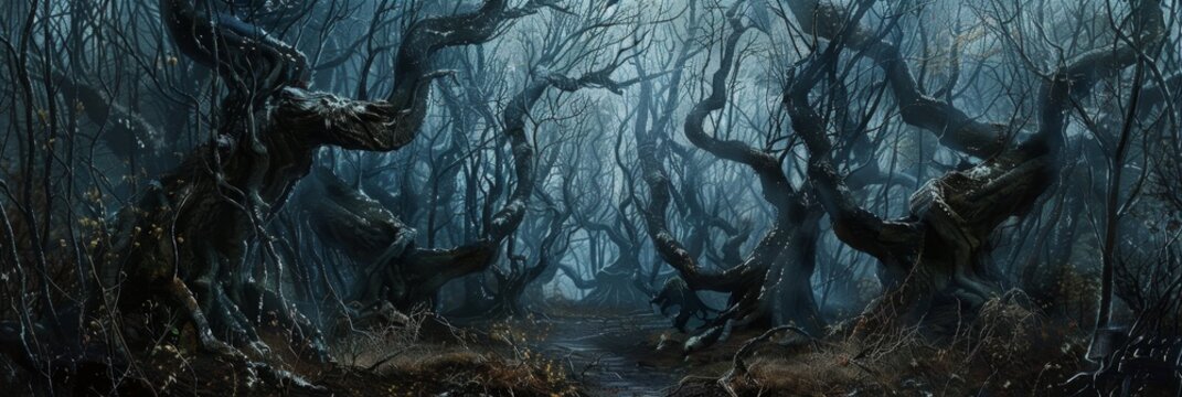 Dark scary forest, twisted trees with claw-like branches, a distant scream breaking the silence