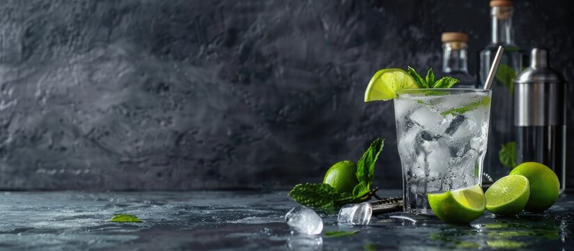Classic cocktail with dry gin and tonic water, lime, ice, and bar utensils on a gray table with space for text