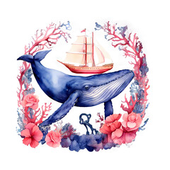 Watercolor blue whale, ship, seaweed, underwater world

