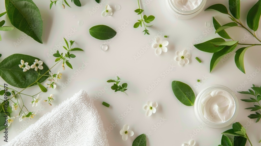 Poster natural cosmetic cream with towel plants on white background dermatology organic skincare concept wi