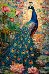 Feathered Laughter, Create a scene where peacock feathers are causing laughter in a serene lotus pond. Pointillism Art, high detailed