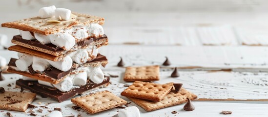 Tasty marshmallow sandwich with crackers and chocolate on a white wooden surface, close-up. Room for adding text