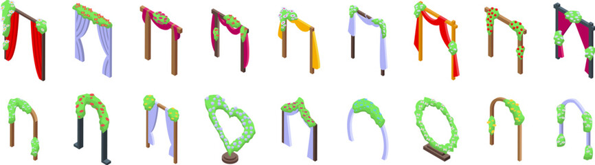 Romantic wedding arch icons set. Wedding ceremony arch set with floral decoration for beautiful bride and groom isometric view isolated on white background