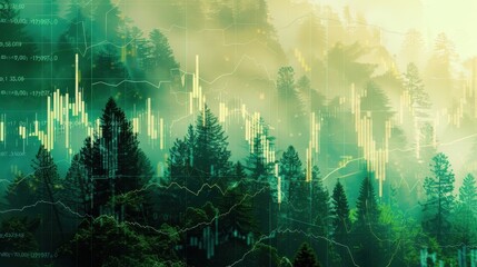 Obraz premium forest intertwined with stock chart close up, focus on, copy space, bold greens, Double exposure silhouette with financial forecast