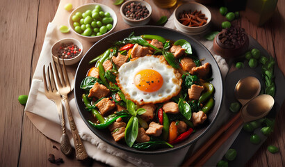 Pad Krapow with Fried Egg is a very delicious Thai dish.