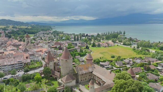 Estavayer, Fribourg, Switzerland with Ch&acirc;teau de Chenaux - Aerial Drone Video