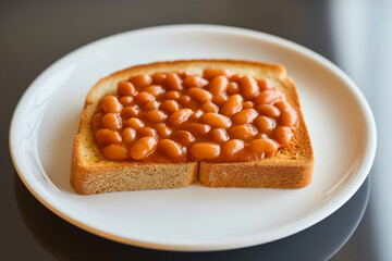 Minimalist composition, a single slice of toast with baked beans on a white plate, highlighting the contrast between the rich beans and the crisp toast