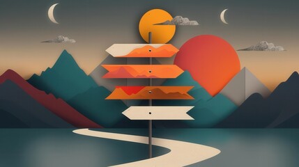 The image is a surreal landscape with a road in the foreground and a mountain range in the background