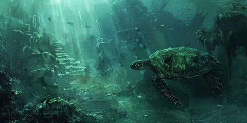 Underwater world with turtle