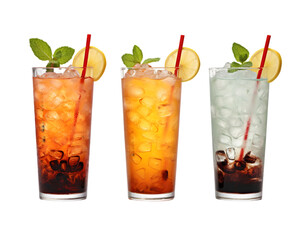 A set of three different colorful summer cocktails with straws and mint leaves. PNG image. PNG files