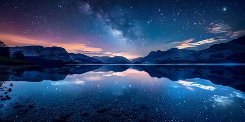 Fototapeta premium Amazing night landscape with mountains and lake under starry sky.
