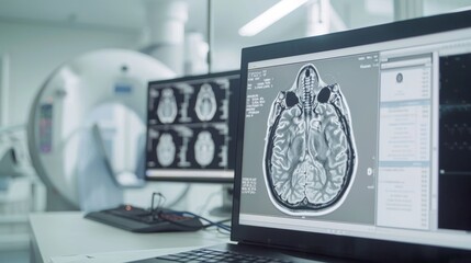 MRI Brain Scan on Laptop Screen in Medical Clinic