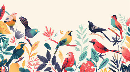 Obraz premium Artistic illustration of a variety of bird species in a harmonious pattern with copy space, showcasing diversity and the joy of bird watching, perfect for National Bird Day