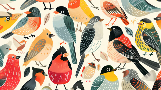 Artistic illustration of a variety of bird species in a harmonious pattern with copy space, showcasing diversity and the joy of bird watching, perfect for National Bird Day