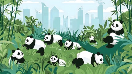 Playful Pandas Exploring a Lush City Park with Curious Expressions
