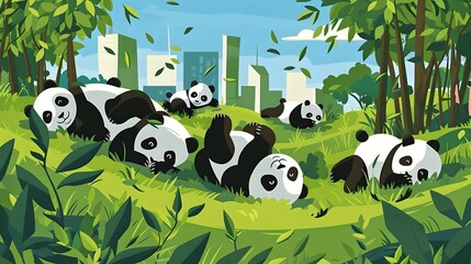 Playful Pandas Exploring a Lush City Park,Juxtaposing Nature and Modern Amenities
