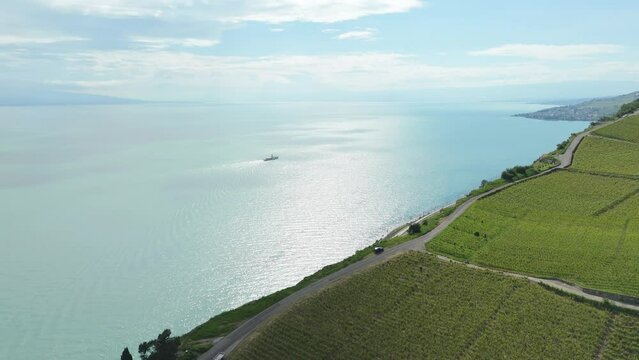 Lavaux wine region, Terrace vineyards located in Vaud from Lausanne to Vevey-Montreux. Lake Geneva in the background. Drone Switzerland 4k.