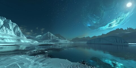 Frozen lake in the mountains. Icebergs floating in the water. Snow-capped peaks in the distance.