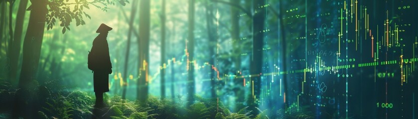 Obraz premium forest scene with stock chart close up, focus on, copy space, lush green tones, Double exposure silhouette with economic trends