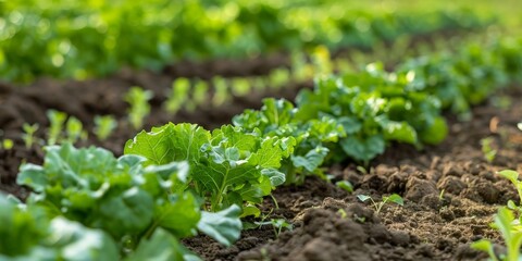Green rows of lettuce growing in a field