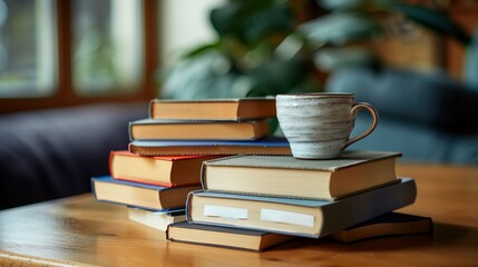 Naklejka premium Simple, uncluttered workspace with back-to-school books and a cup of coffee, ready for study sessions in a minimalist environment