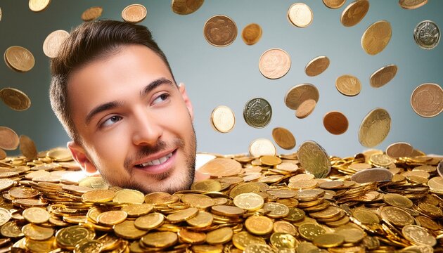A young man swimming in gold, coins, materialistic wealth