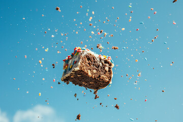 Close-up action shot of a fruitcake mid-air, flying against a clear blue sky, capturing the whimsical and festive spirit of Fruitcake Toss Day