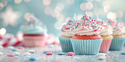 Patriotic themed dessert table, red, white, and blue cupcakes and treats, [festive food], [holiday sweets]