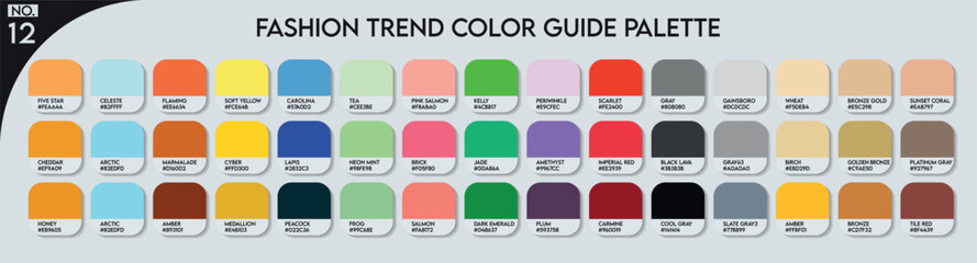 Fashion Trend Color Palette. Fashion Trend Color Guide Palette No 12. An example of a colour tones vector. Forecast of the future colors. Catalog Samples of Colors for Paint Businesses, garments, Arts