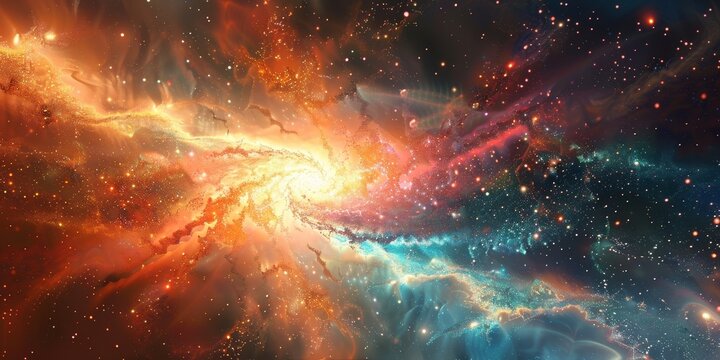 The image shows a beautiful space nebula with bright red, orange, yellow, blue and purple colors.