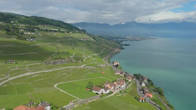 Drone Switzerland 4k. Lavaux wine region, Terrace vineyards located in Vaud from Lausanne to Vevey-Montreux. Lake Geneva in the background