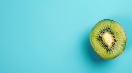 Kiwi on soft blue backdrop Summer creativity in minimal fruit concept Free space for text