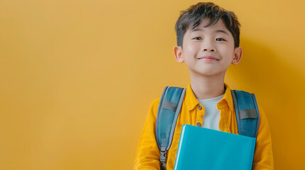 A boy smiles with a blue book and a backpack on a yellow background. Back to school concept.