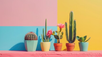 Various cacti next to colored wall room for text Home decoration