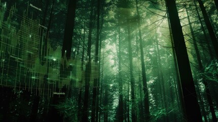 Naklejka premium forest scene with stock chart close up, focus on, copy space, lush green tones, Double exposure silhouette with economic trends